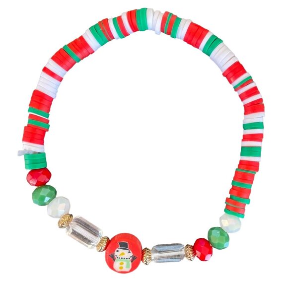 Christmas Themed Beaded Stretch Bracelets Set Of 4 With Charms in Red Green - Picture 6 of 9